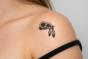 sunflowers with feathers and female Indian headband ribbon tattoo idea