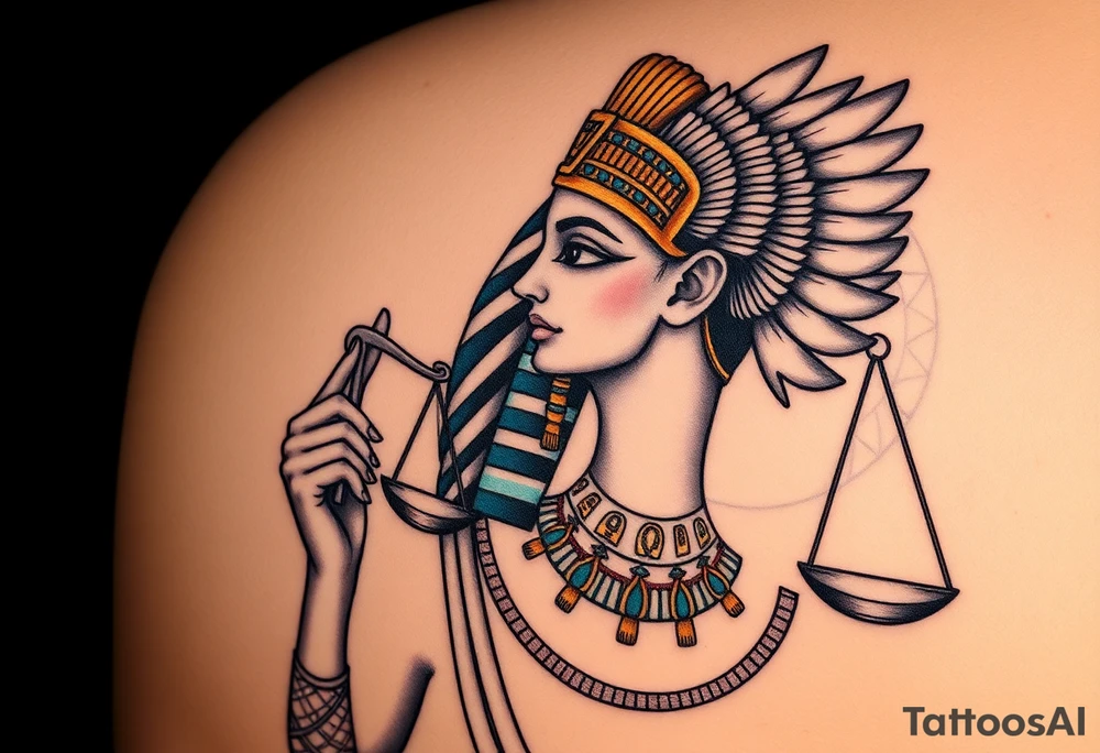 Super realistic tattoo design of the Egyptian goddess Ma’at, depicted as a serene and regal woman with an elegant ostrich feather on her head symbolizing truth and balance, wearing traditional ancient Egyptian attire with intricate gold and turquoise jewelry, holding scales of justice in one hand. The design features detailed facial features with soft natural lighting, realistic skin texture, and subtle shading to emphasize depth and dimension. Background elements include faint hieroglyphics and cosmic symbols representing order and harmony. Style: hyper-realistic, high detail, focused on symbolism and spiritual essence, suitable for upper arm or chest tattoo. tattoo idea