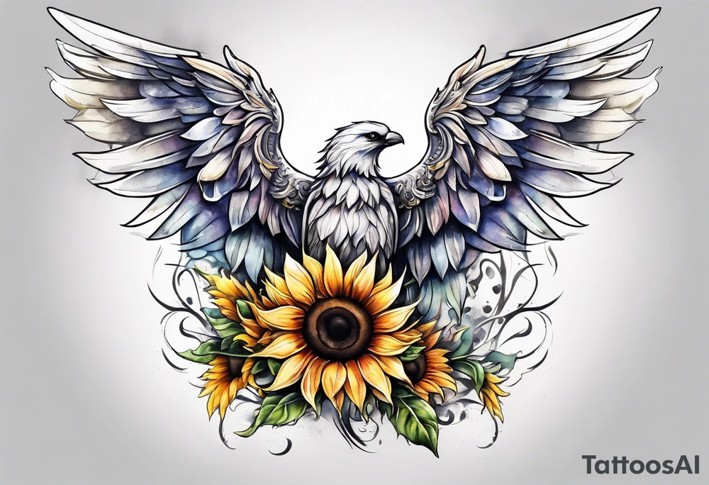 Sunflowers and angel wings leg sleeve tattoo idea