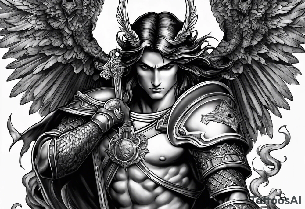Arm sleeve of St Michael killing the devil tattoo idea