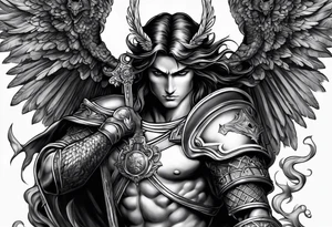 Arm sleeve of St Michael killing the devil tattoo idea