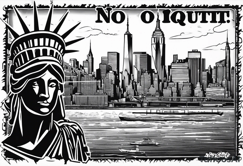 New york city skyline with Statute of liberty head in the background. White outline around head. Below the skyline in grafitti style text "NO QUIT" in the negative white space with shading around it. Put ice skatng marks through the text and throughout the image tattoo idea