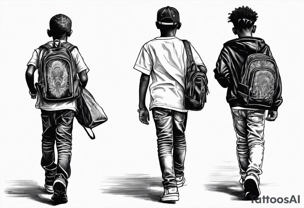3 black school age brothers walking away together  you can see their full bodies and one is looking to the side showing the side of his face tattoo idea