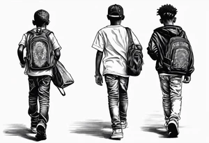 3 black school age brothers walking away together  you can see their full bodies and one is looking to the side showing the side of his face tattoo idea