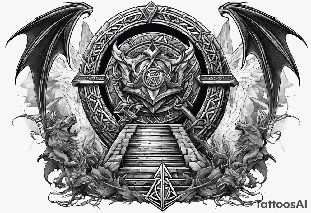 Valhalla sword shield dragon axe stairs Valknut barbed wire chains valknut fire tattoo idea Valhalla sword shield dragon axe stairs Valknut barbed wire chains valknut fire tattoo idea