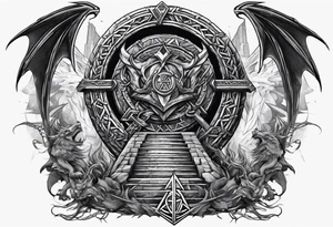 Valhalla sword shield dragon axe stairs Valknut barbed wire chains valknut fire tattoo idea