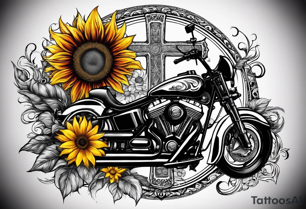 A central cross with the names Kyle Peter Lori on it with lighting a motorcycle and a sunflower around it tattoo idea