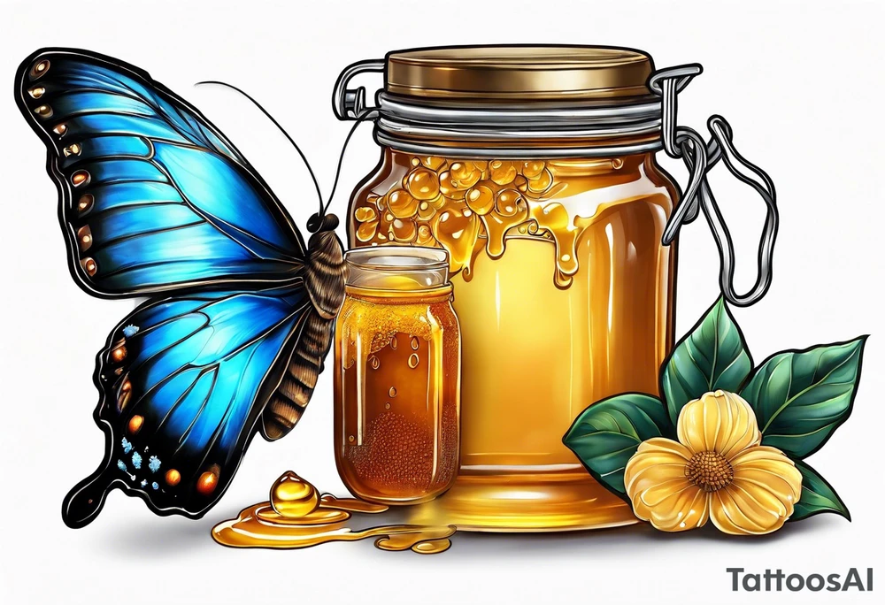 Blue morpho butterfly with a glass jar of honey with honey spilling over tattoo idea