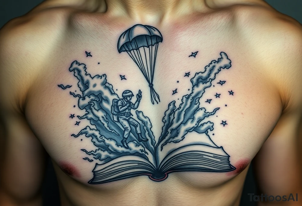 A parachuting soldier landing into an open book. Chaos surrounding, but the book is protecting the soldier from it. On the chest. Make the tattoo smaller. Make it thought provoking. Make the chaos in the environment be an eerie mist. Make the pages in the book be blank. Just one soldier, no other characters. the book is old. tattoo idea