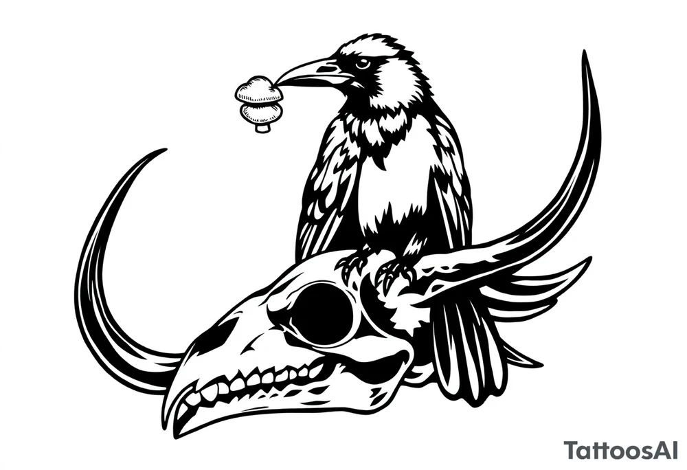 Crow with mushroom in its beak, standing on an animal skull tattoo idea