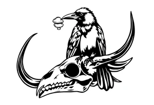 Crow with mushroom in its beak, standing on an animal skull tattoo idea