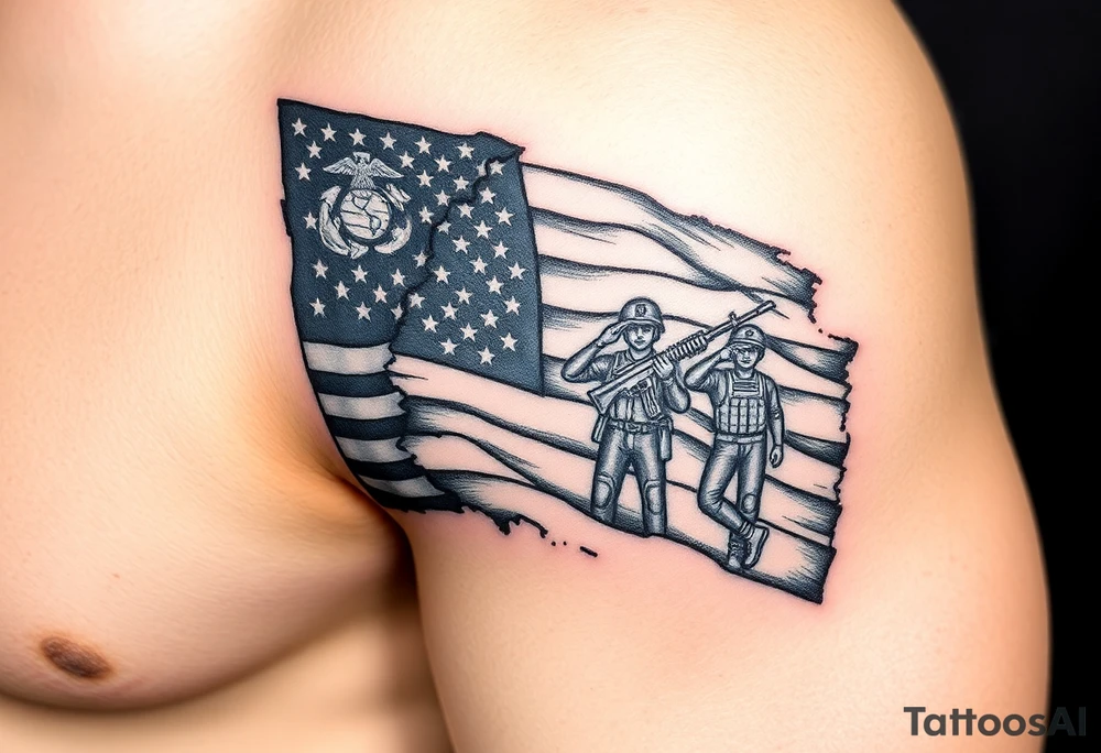 Partially torn American flag with 2 m16s and a marines saluting the flag tattoo idea
