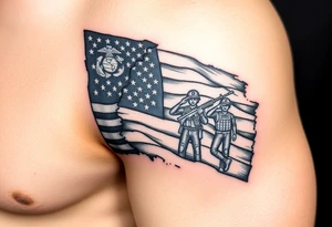 Partially torn American flag with 2 m16s and a marines saluting the flag tattoo idea