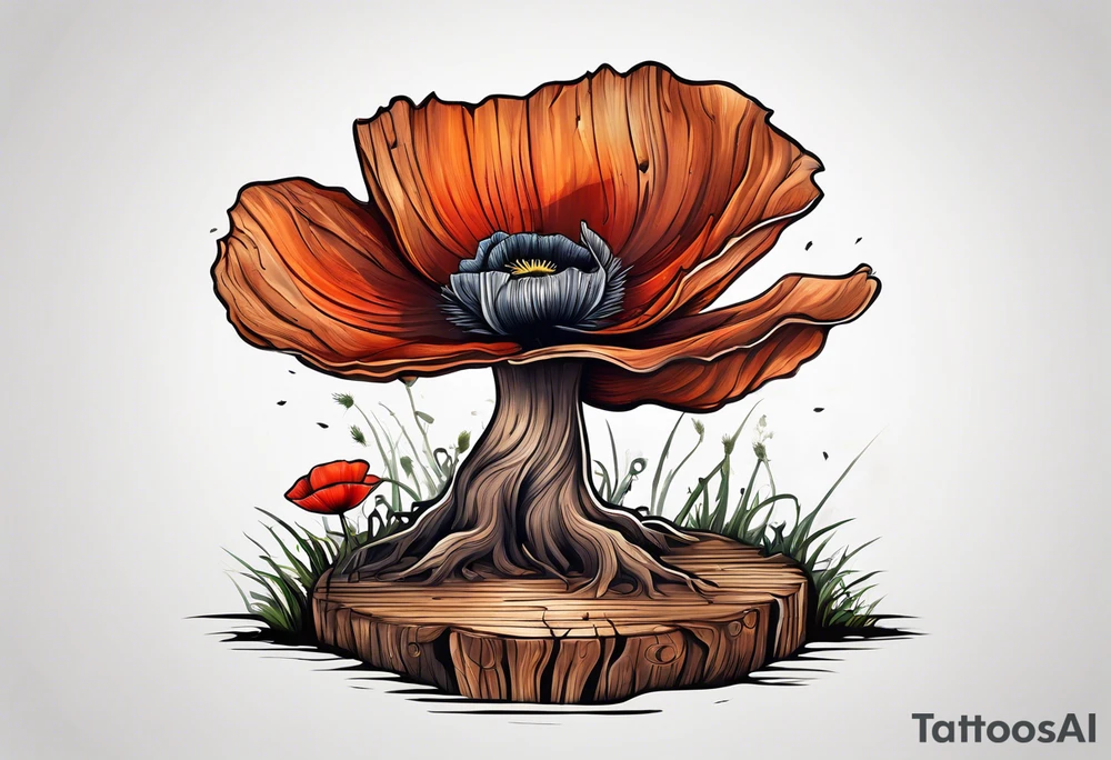 A single tree stump showing its rings and next to it a single poppy growing out of the ground tattoo idea