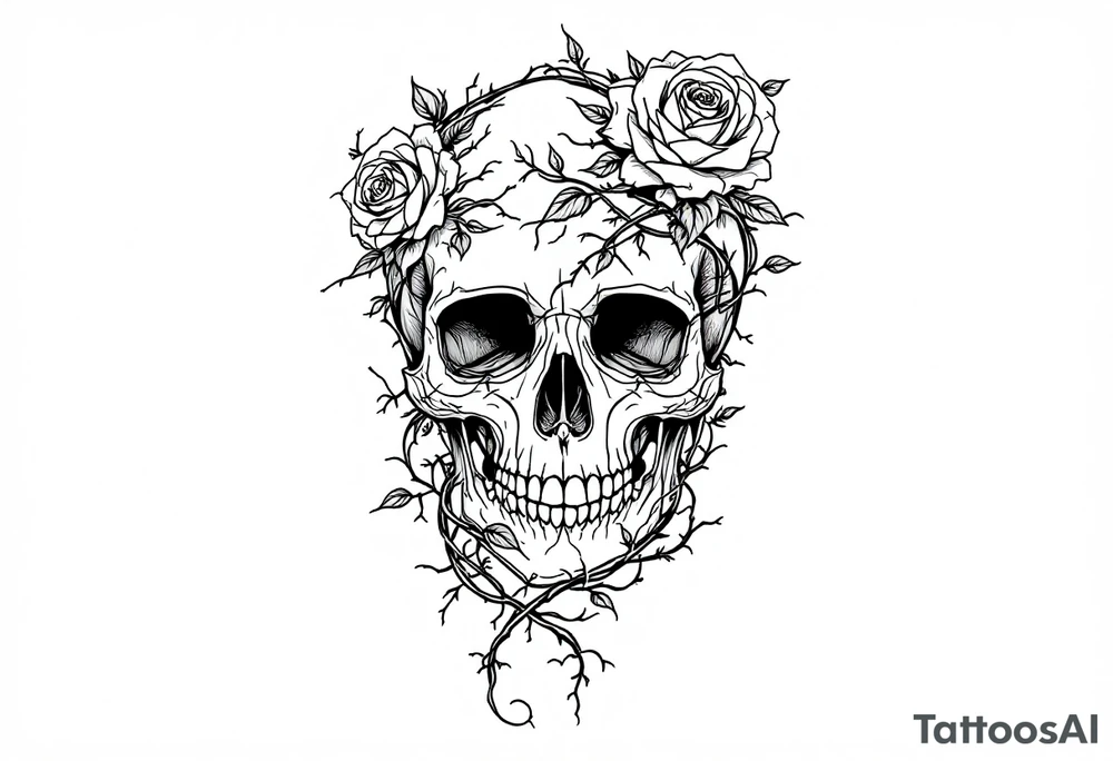 gothic skull intertwined with climbing roses and thorny vines tattoo idea