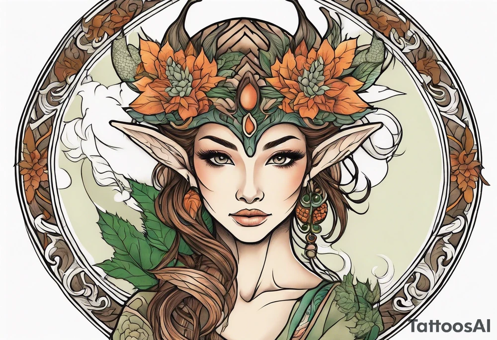 Woodland elf earthy tones. Dragon in background tattoo idea