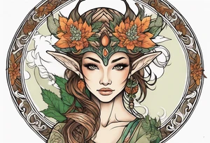 Woodland elf earthy tones. Dragon in background tattoo idea