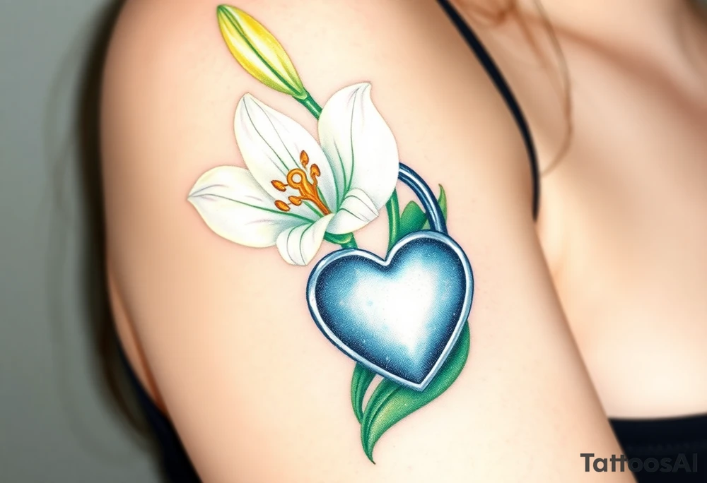 A delicate white lily growing around a silver heart-shaped lock, with a golden key embedded in the petals tattoo idea