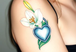 A delicate white lily growing around a silver heart-shaped lock, with a golden key embedded in the petals tattoo idea