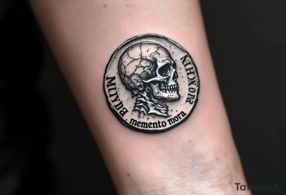 A Roman coin with a skull embossed in silver, the inscription "memento mori" in rough gray Latin lettering beneath it. tattoo idea