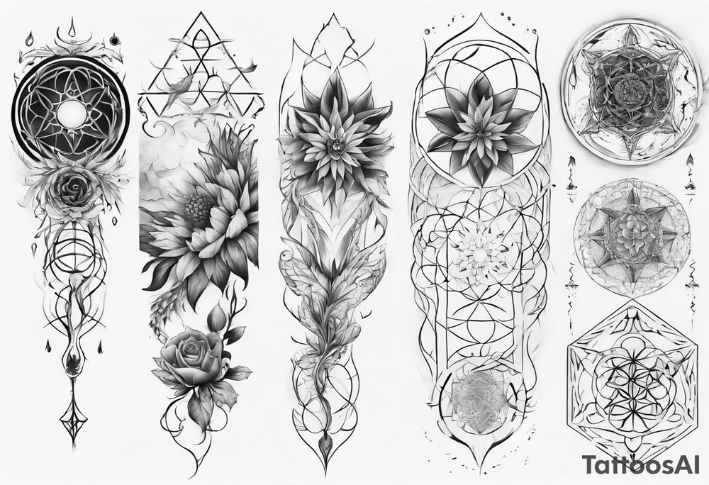 Sleeve tattoo on a woman's arm. Phoenix top center flower of life bottom metatron cube tattoo idea