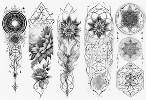 Sleeve tattoo on a woman's arm. Phoenix top center flower of life bottom metatron cube tattoo idea