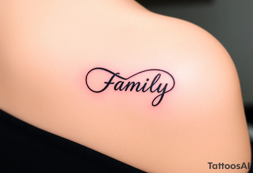 A flowing infinity symbol intertwined with the word "family" written in elegant cursive tattoo idea