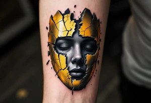 "Neni vsechno zlato, co se trpyti." — A shattered golden mask revealing a human face in grayscale beneath, with the quote in sleek black lettering along the jawline. tattoo idea