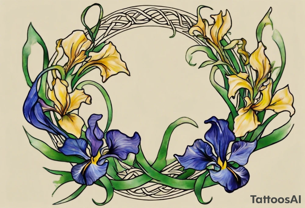Create a small, colorful Vincent van Gogh Irises tattoo in the form of a crescent, with vines in Celtic knot style gracefully intertwining at a central point in the middle of the wreath. The intended placement is on the upper chest. The middle needs mountains. The overall design should be small in size while maintaining a delicate and artistic aesthetic. Pay attention to the graceful flow of the vines and the placement of the irises to achieve a refined and elegant look. tattoo idea