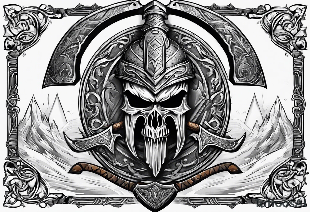 Valhalla sword shield axe mist tattoo idea