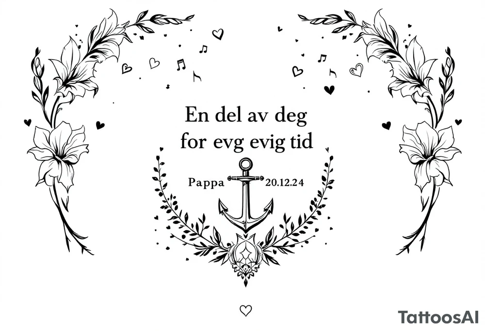 «En del av deg for evig tid
Pappa 20.12.24» Surrounded by long gladiolus, hearts, notes and an anchor tattoo idea