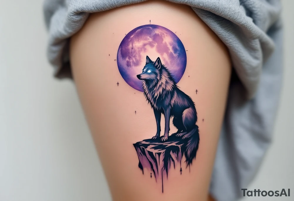 Mystic wolf with glowing white eyes, standing on a cliff under a purple and blue magical moon, surrounded by faint rune symbols. tattoo idea