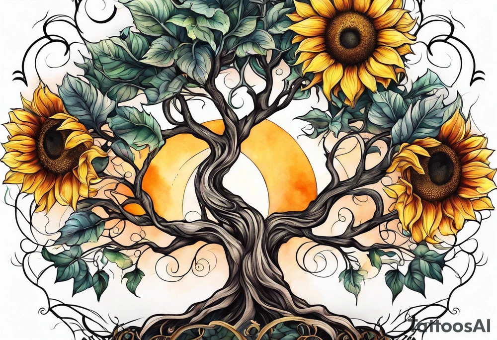 Feminine Yggdrasil tree with two sunflowers tattoo idea