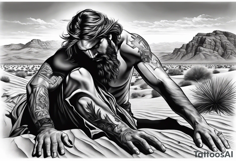 man crawling in a desert reaching to the cross of Christ tattoo idea
