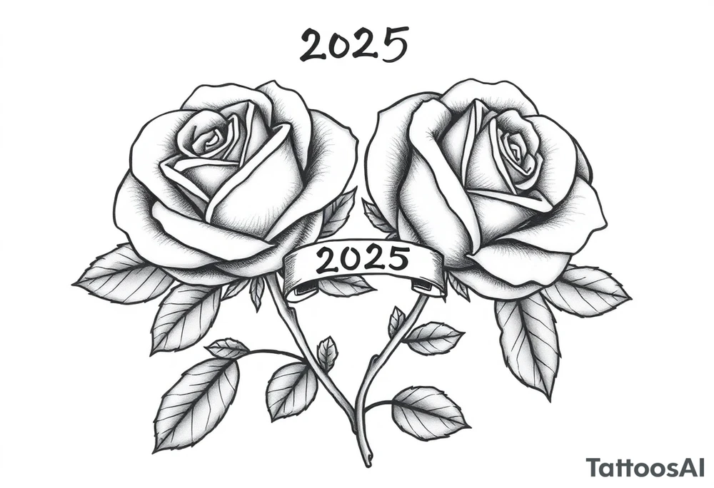 two big beautiful rose buds with leaves and separated by their cascading, intertwined stems joining as one. Add a small banner with the year "2025" on it, tying them together.  Add the following word "Rose" written in Kanji above the drawing.  Make the drawing darker tattoo idea