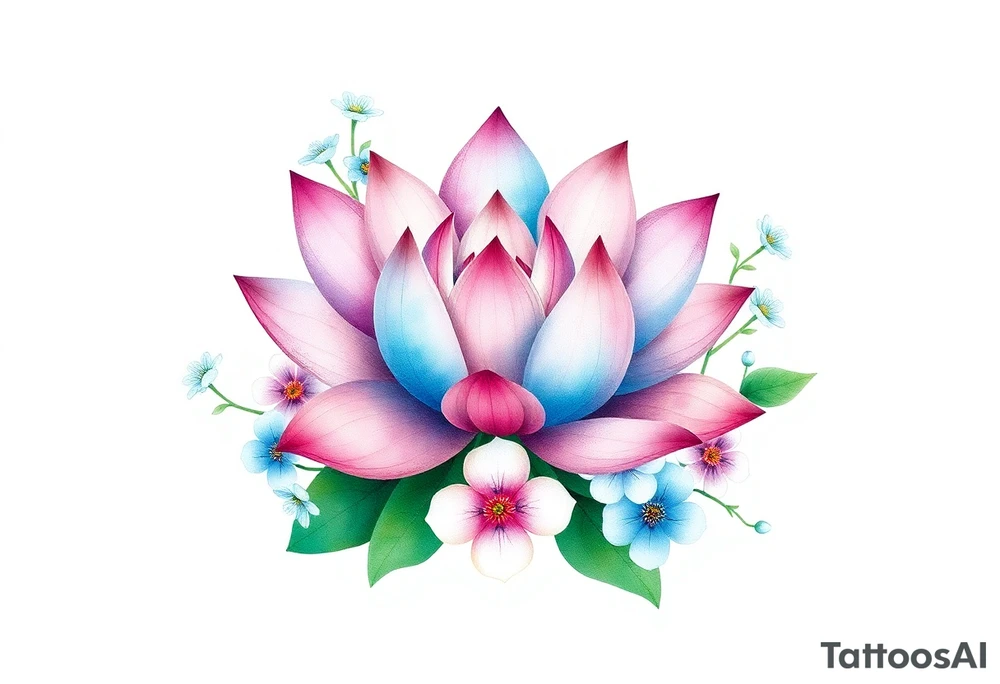 Lotus flower surrounded by forget me nots and peonies tattoo idea