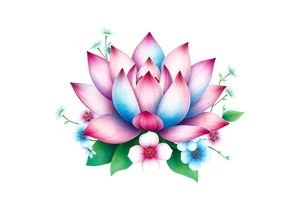 Lotus flower surrounded by forget me nots and peonies tattoo idea