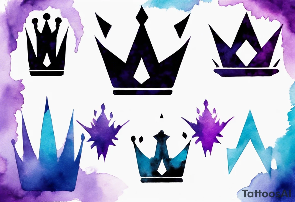 A tattoo of a minimalistic black crown and some negative space on a water color background of purple and blue. tattoo idea