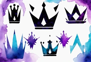 A tattoo of a minimalistic black crown and some negative space on a water color background of purple and blue. tattoo idea