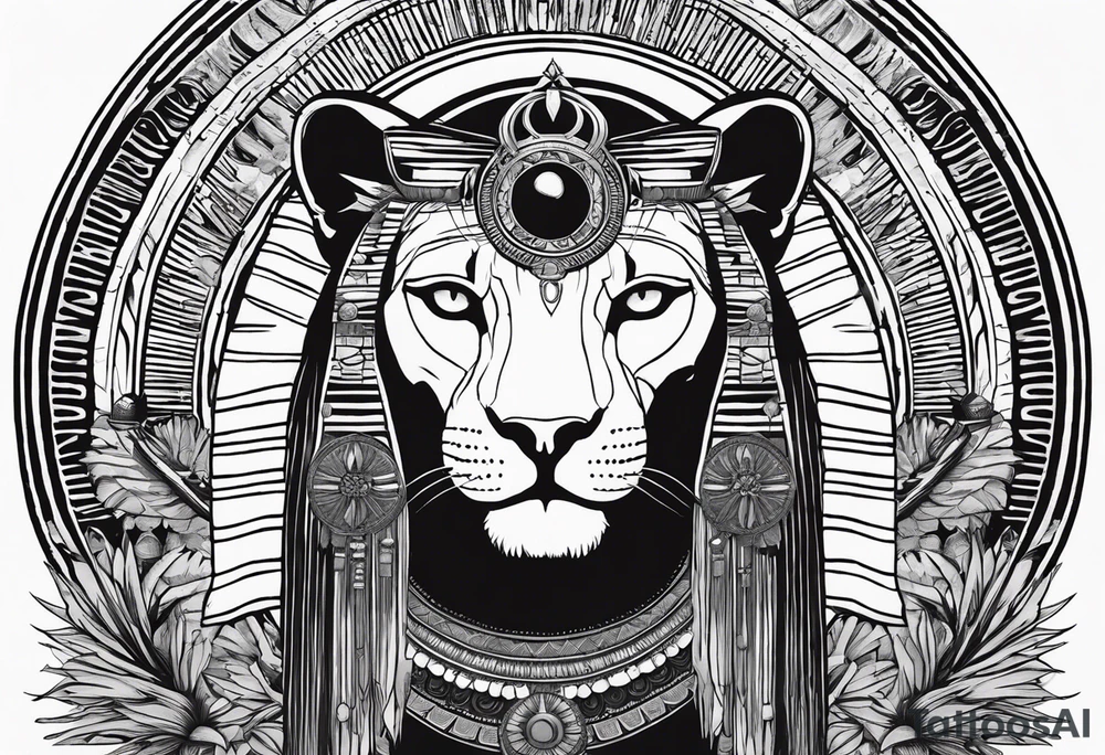 Full body of Ancient Egyptian goddess sekhmet, lioness head with black sun disk above her head and woman's body. She looks straight ahead and ready for battle looking fearless and powerful holding an ankh in one hand and a papyrus sceptre in another, she has long hair flowing tattoo idea
