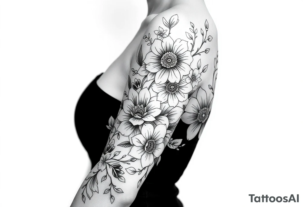 floral composition with japanese vibe, mutiple ornemental patern and leaf tattoo idea