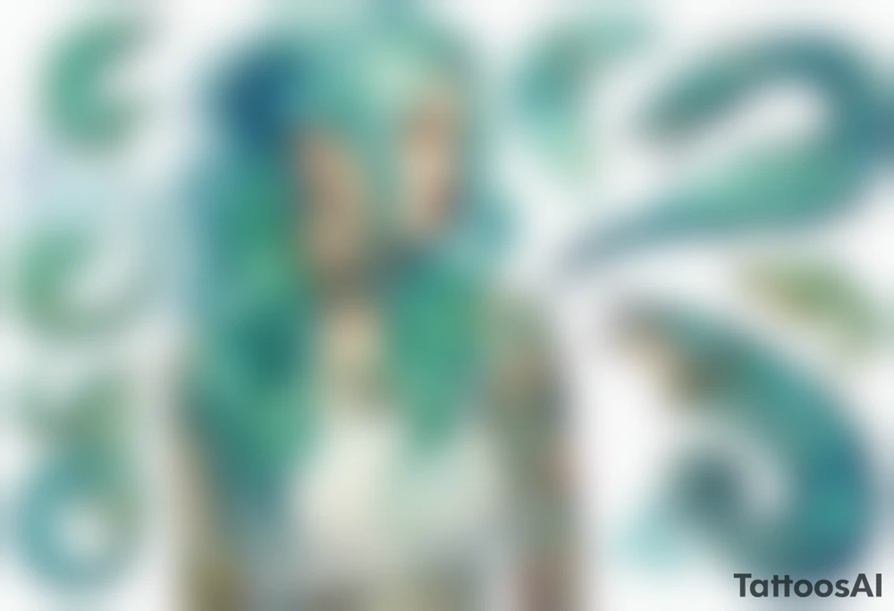 a beautiful woman with blue-green hair standing next to a aqua-marine lindworm tattoo idea