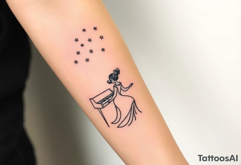 woman playing piano under the stars tattoo idea