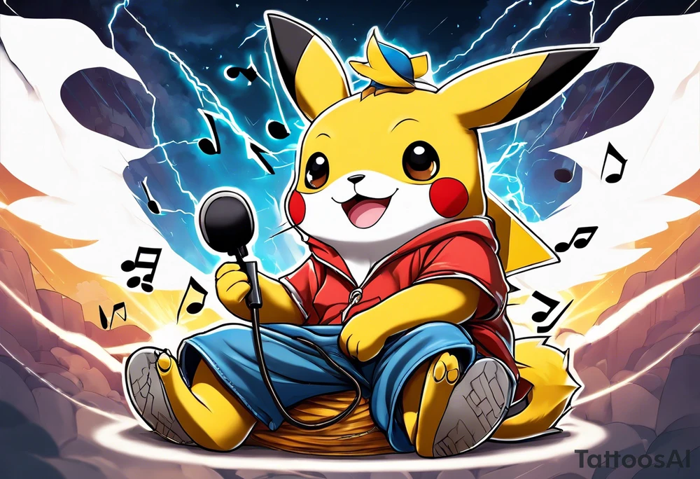 pickachu sitting on a lion listening to music with music notes and thunder bolts tattoo idea