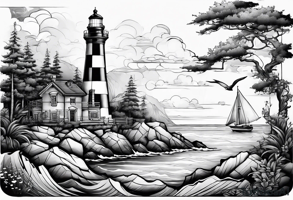 maritime lighthouse partially hidden by its  large fixed sails. tattoo idea