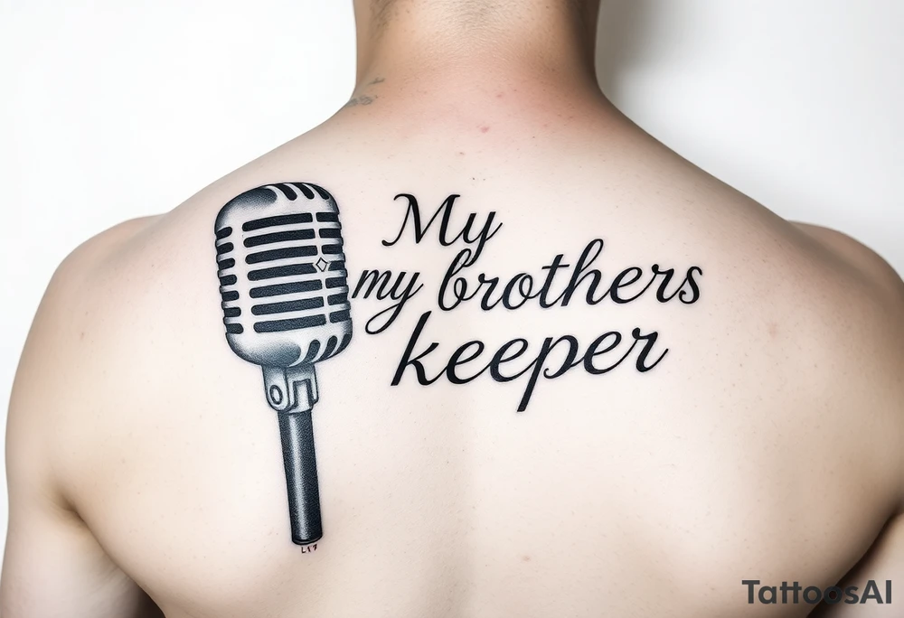 A microphone with the words “My brothers keeper” with the microphone cord looking like it’s actually writing the words . For a female and small tattoo idea