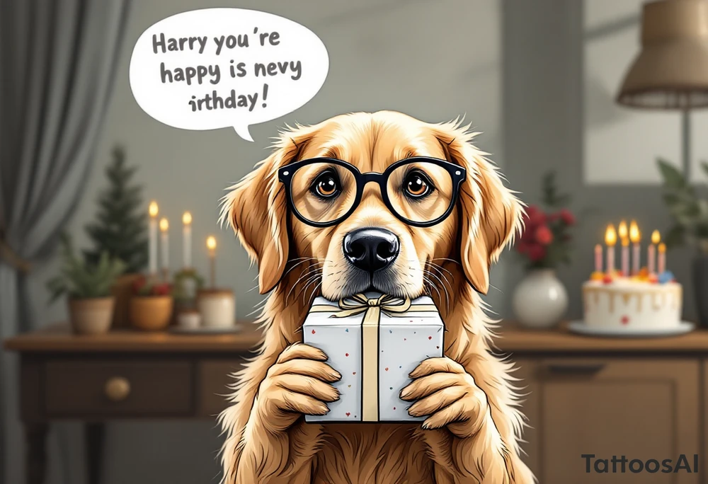Picture a playful golden retriever wearing cute round reading glasses, holding a neatly wrapped gift box in its mouth. A small tag on the box says “For You.” Behind the dog is a festive table with a birthday cake, candles, and party decorations. The retriever looks clever and kind, like a well-mannered guest at a cozy celebration. A cheerful message floats above:
“Wishing you joy, health, and puppy kisses on your 80th birthday – from the whole Albi team!”
The illustration has a light-hearted, cartoon-like charm, making it perfect for bringing smiles and laughter. tattoo idea