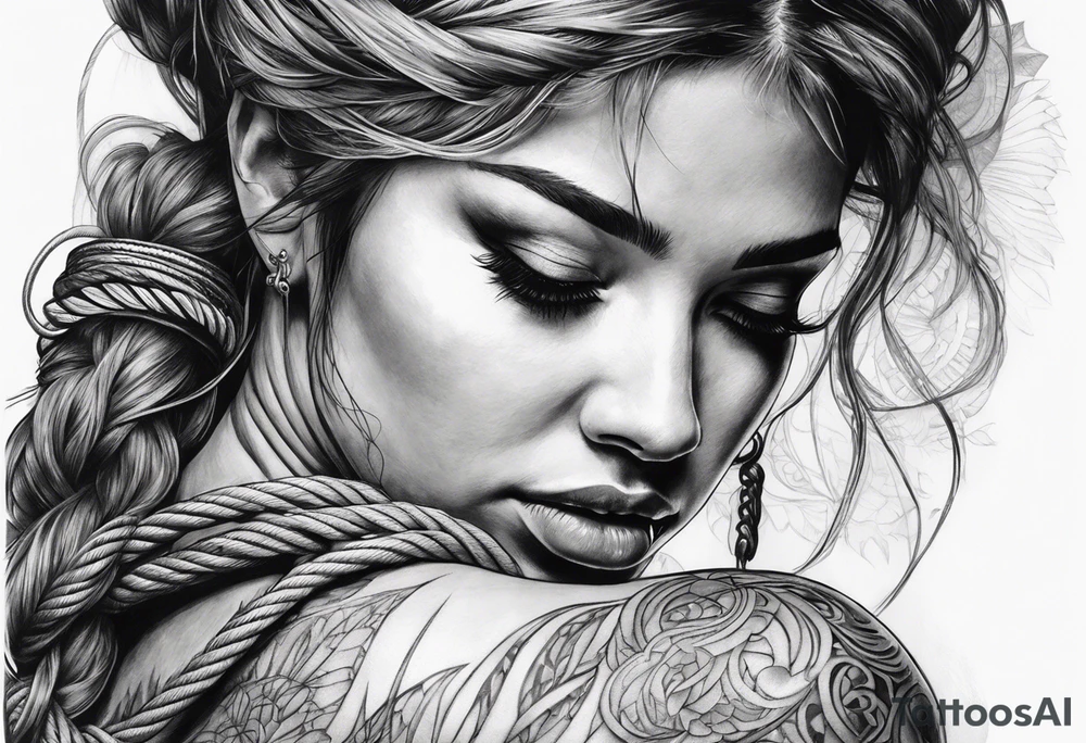 woman kneeling and tied with a rope tattoo idea