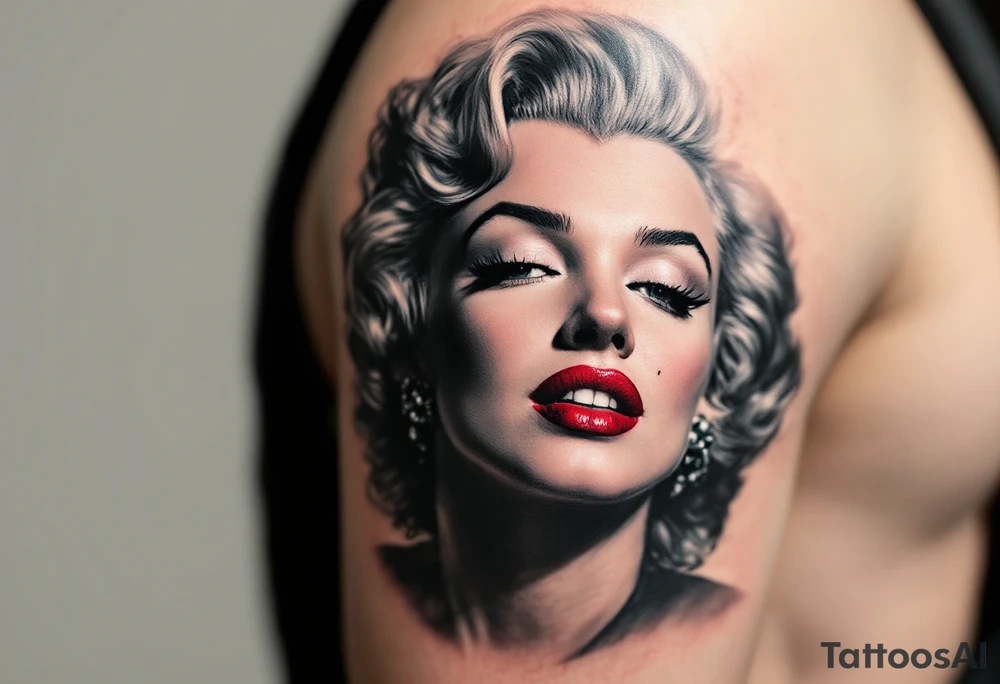 Marilyn Monroe portrait in black and grey realism with red lips and subtle pink blush on her cheeks. tattoo idea