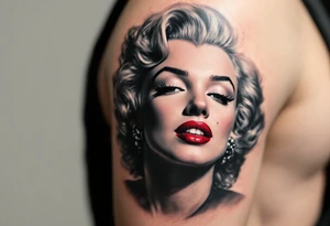 Marilyn Monroe portrait in black and grey realism with red lips and subtle pink blush on her cheeks. tattoo idea